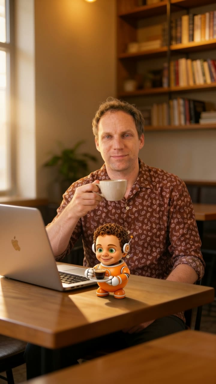 Roy Vader aan een cafétafel met zijn AI-assistent Sam