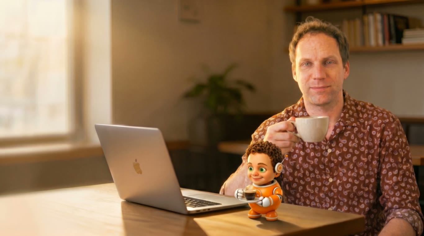 Roy Vader aan een cafétafel met zijn AI-assistent Sam